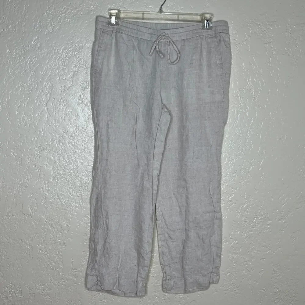 Talbots Women's Linen Wide Leg Drawstring‎ Pull On Pants Cream 14 Petite Pockets